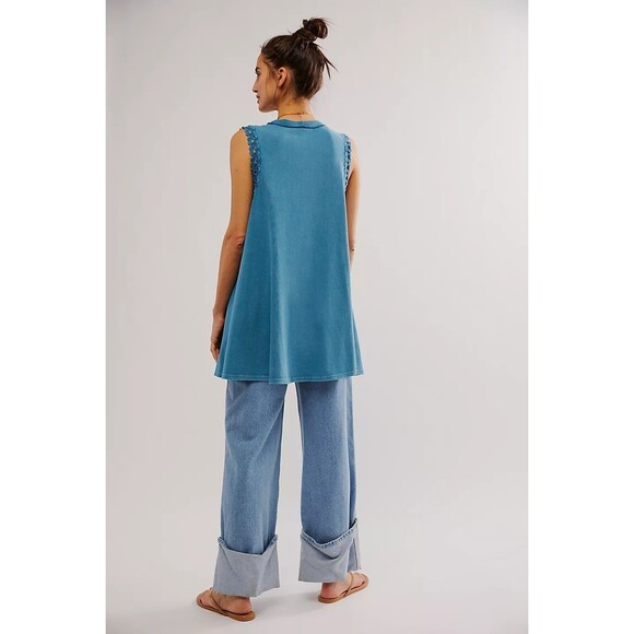 Free People Lavender Fields Mini Dress Tank Floral Cutwork Cotton Blue S 284166 - Picture 2 of 9